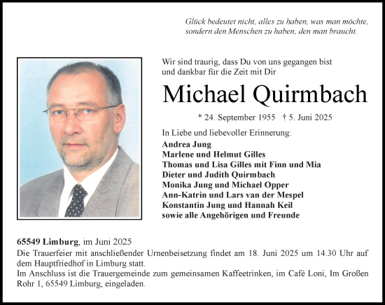 Traueranzeige von Michael Quirmbach von Nassauische Neue Presse