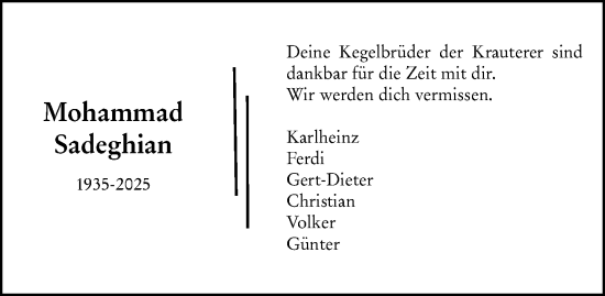 Traueranzeige von Mohammad Sadeghian von Idsteiner Land/Untertaunus