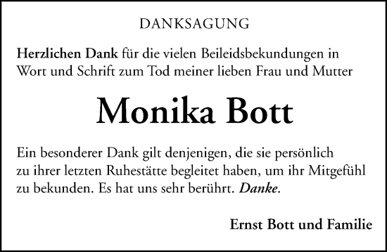 Traueranzeige von Monika Bott von Wetzlarer Neue Zeitung