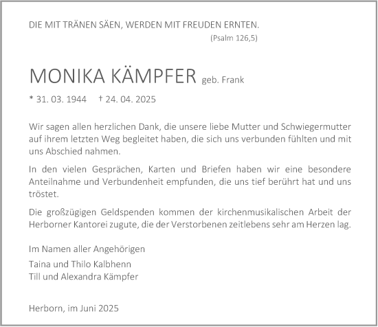 Traueranzeige von Monika Kämpfer von Dill Block