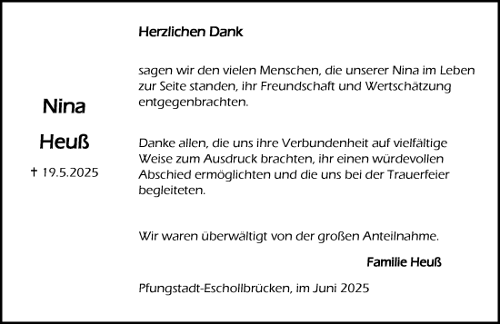 Traueranzeige von Nina Heuß von Darmstädter Echo