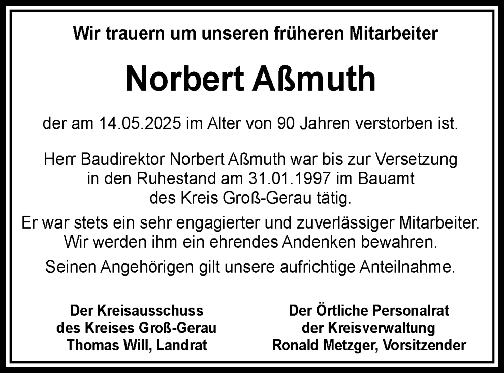  Traueranzeige für Norbert Assmuth vom 21.06.2025 aus Darmstädter Echo