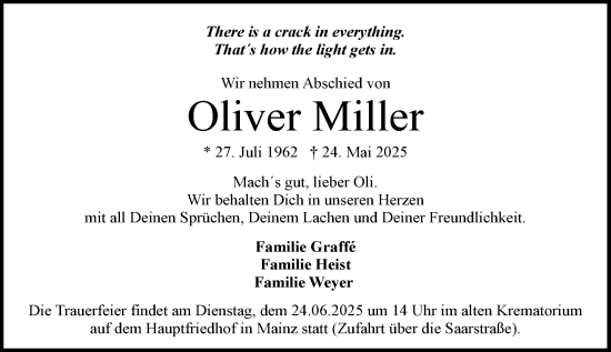 Traueranzeige von Oliver Miller von Allgemeine Zeitung Mainz