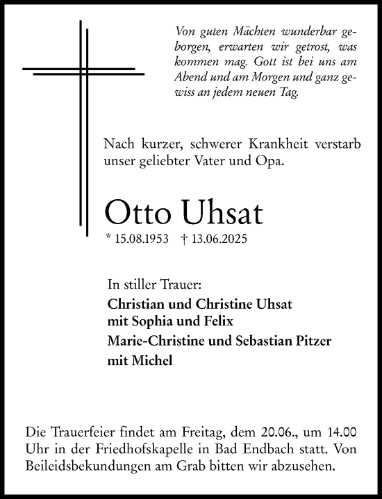 Traueranzeige von Otto Uhsat von Hinterländer Anzeiger