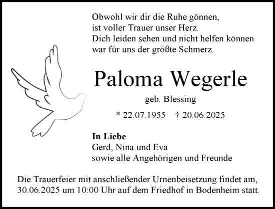 Traueranzeige von Paloma Wegerle von Allgemeine Zeitung Mainz