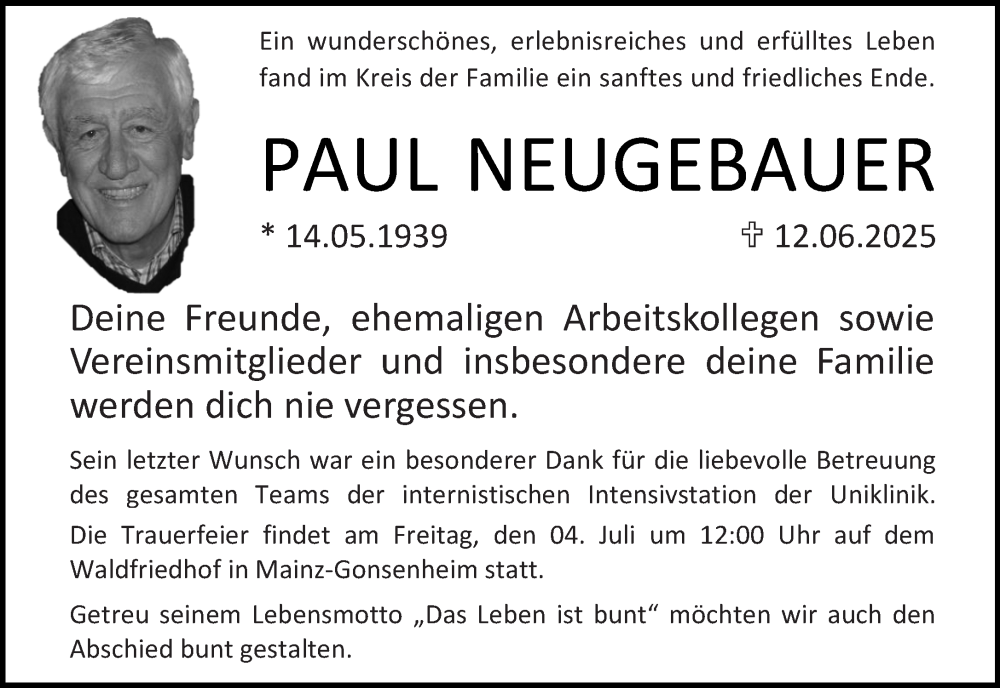  Traueranzeige für Paul Neugebauer vom 28.06.2025 aus Allgemeine Zeitung Mainz