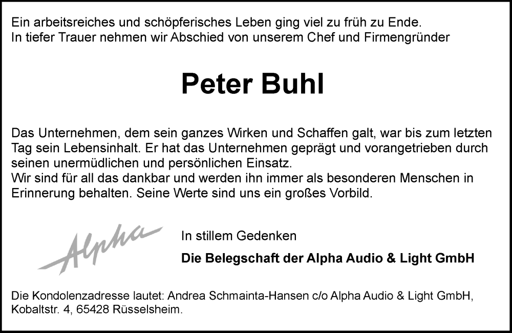  Traueranzeige für Peter Buhl vom 28.06.2025 aus Rüsselsheimer Echo