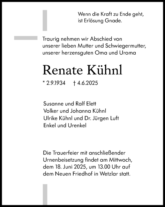 Traueranzeige von Renate Kühnl von Wetzlarer Neue Zeitung