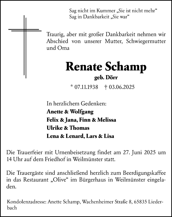 Traueranzeige von Renate Schamp von Weilburger Tageblatt
