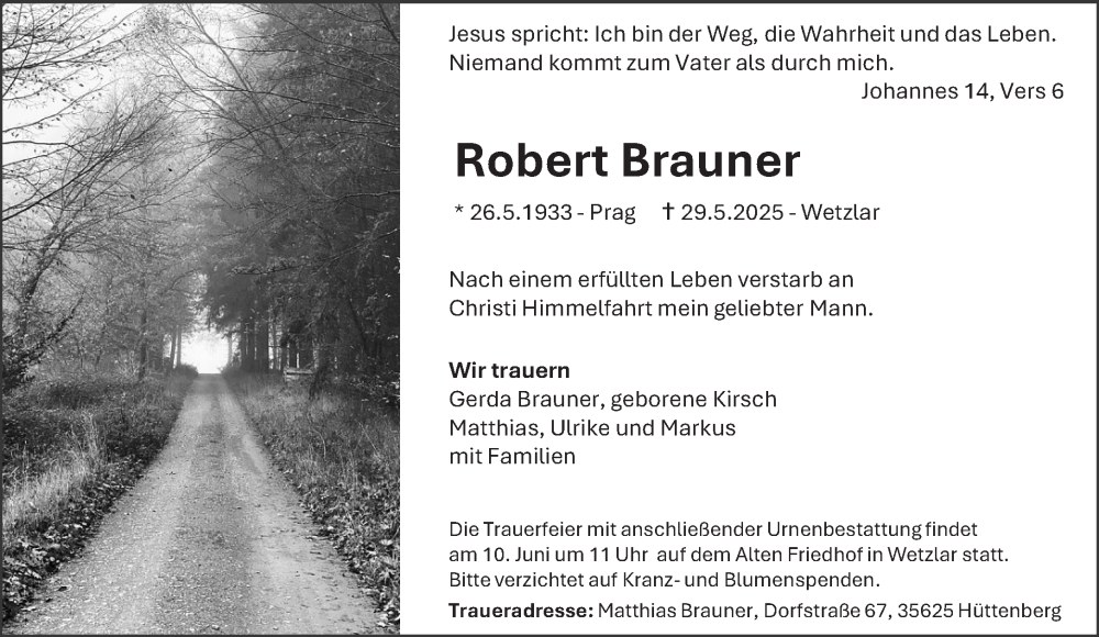  Traueranzeige für Robert Brauner vom 03.06.2025 aus Wetzlarer Neue Zeitung