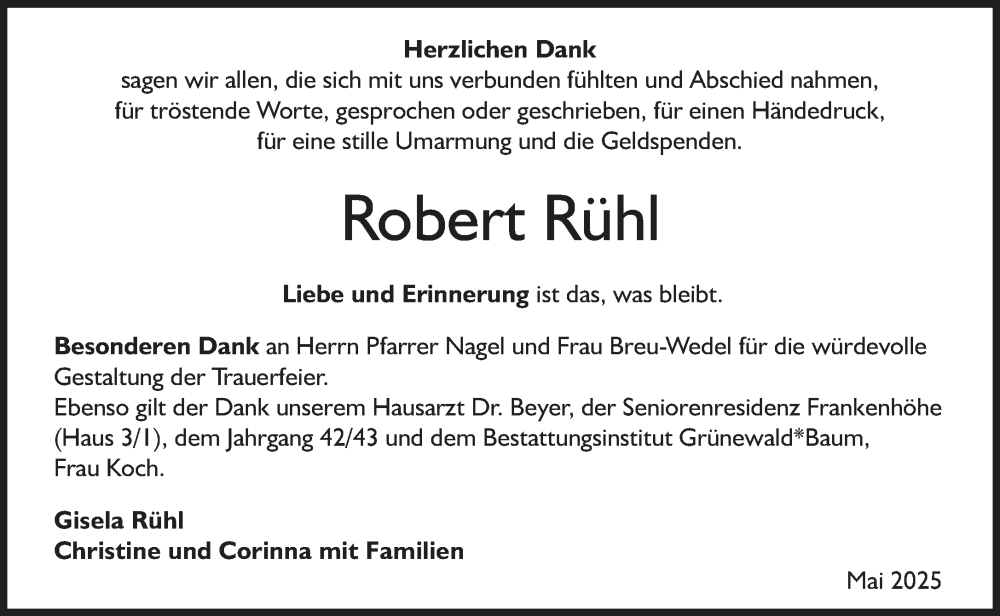  Traueranzeige für Robert Rühl vom 07.06.2025 aus Allgemeine Zeitung Mainz