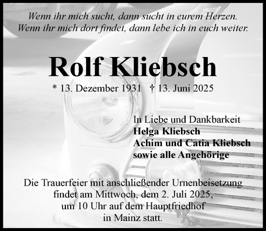 Traueranzeige von Rolf Kliebsch von Allgemeine Zeitung Mainz