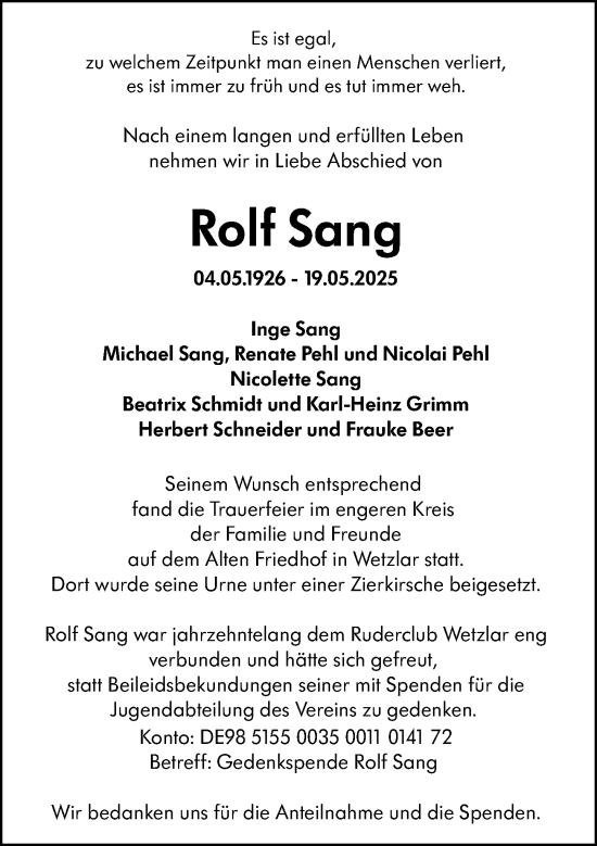 Traueranzeige von Rolf Sang von Wetzlarer Neue Zeitung