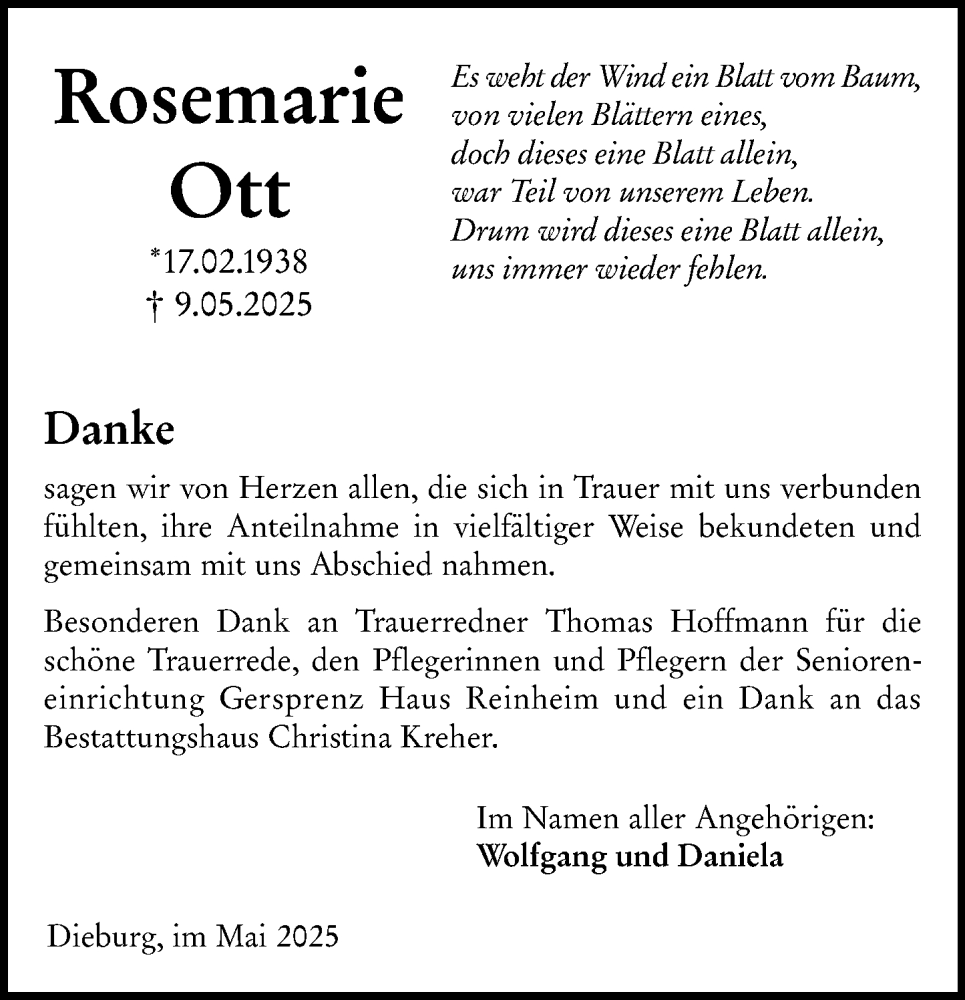  Traueranzeige für Rosemarie Ott vom 05.06.2025 aus Dieburger Anzeiger/Groß-Zimmerner Lokal-Anzeiger