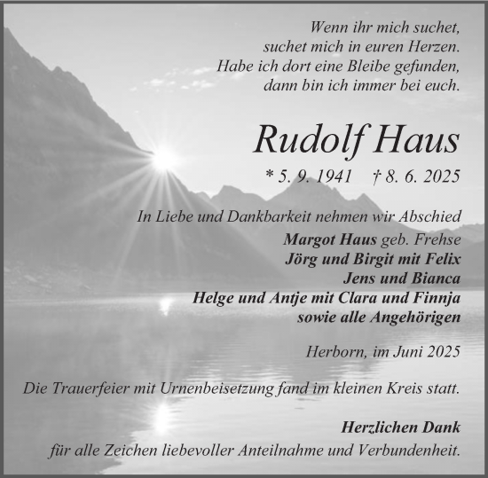 Traueranzeige von Rudolf Haus von Dill Block