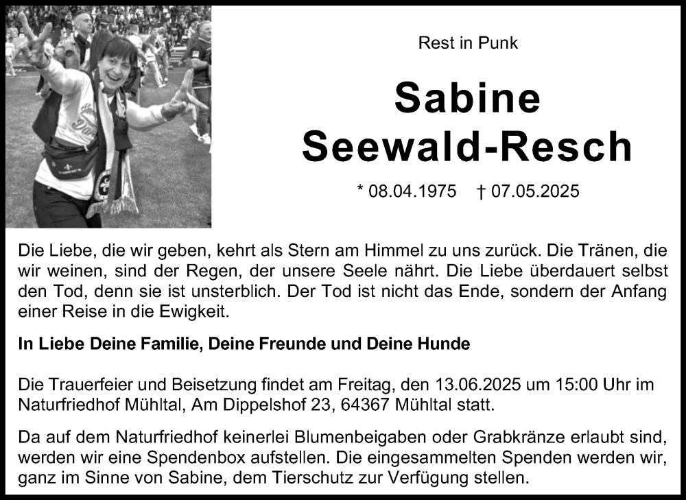  Traueranzeige für Sabine Seewald-Resch vom 07.06.2025 aus Darmstädter Echo