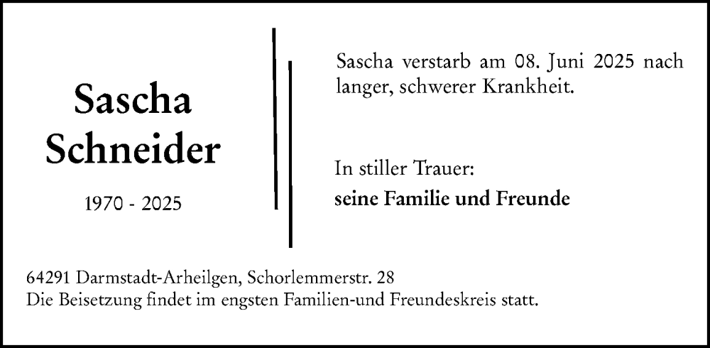  Traueranzeige für Sascha Schneider vom 14.06.2025 aus Darmstädter Echo
