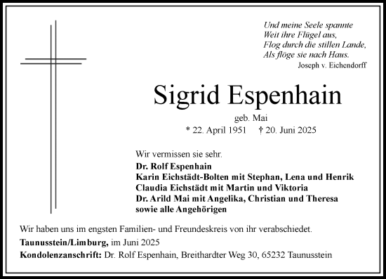 Traueranzeige von Sigrid Espenhain von Wiesbadener Kurier