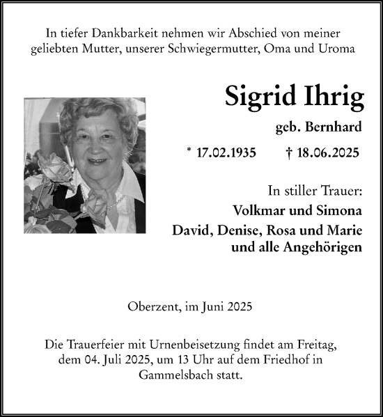 Traueranzeige von Sigrid Ihrig von Odenwälder Echo