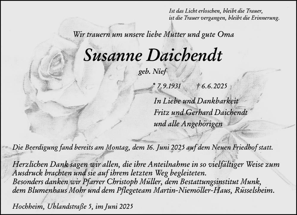  Traueranzeige für Susanne Daichendt vom 20.06.2025 aus Hochheimer Zeitung