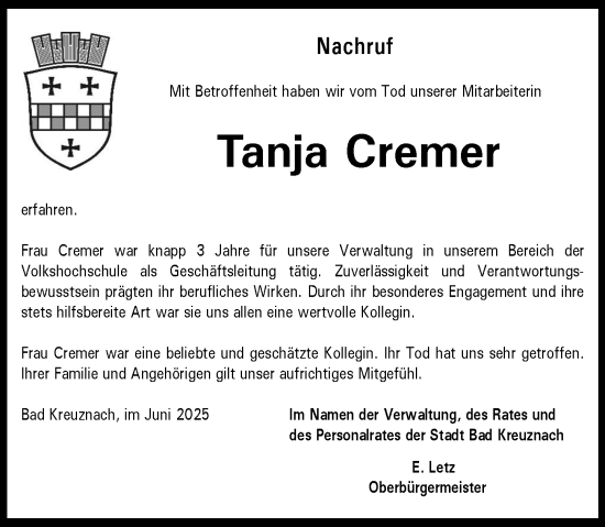Traueranzeige von Tanja Cremer von Allgemeine Zeitung Rheinhessen-Nahe