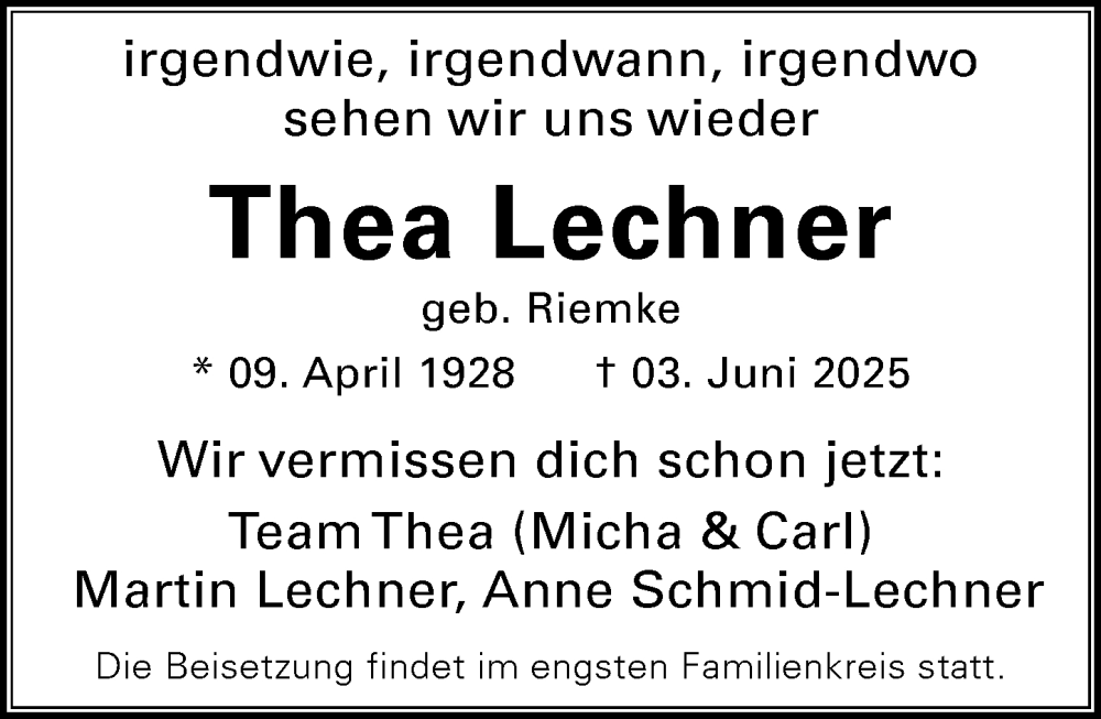  Traueranzeige für Thea Lechner vom 07.06.2025 aus Wiesbadener Kurier