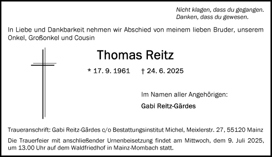 Traueranzeige von Thomas Reitz von Allgemeine Zeitung Mainz