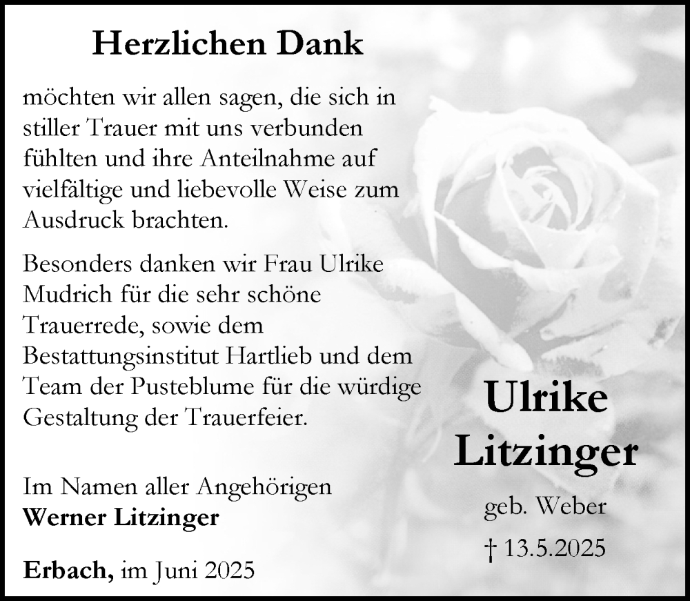  Traueranzeige für Ulrike Litzinger vom 12.06.2025 aus Camberger Anzeiger