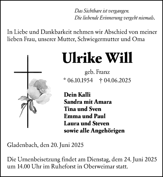 Traueranzeige von Ulrike Will von Hinterländer Anzeiger