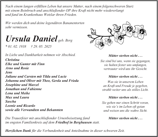 Traueranzeige von Ursula Daniel von Wetzlarer Neue Zeitung