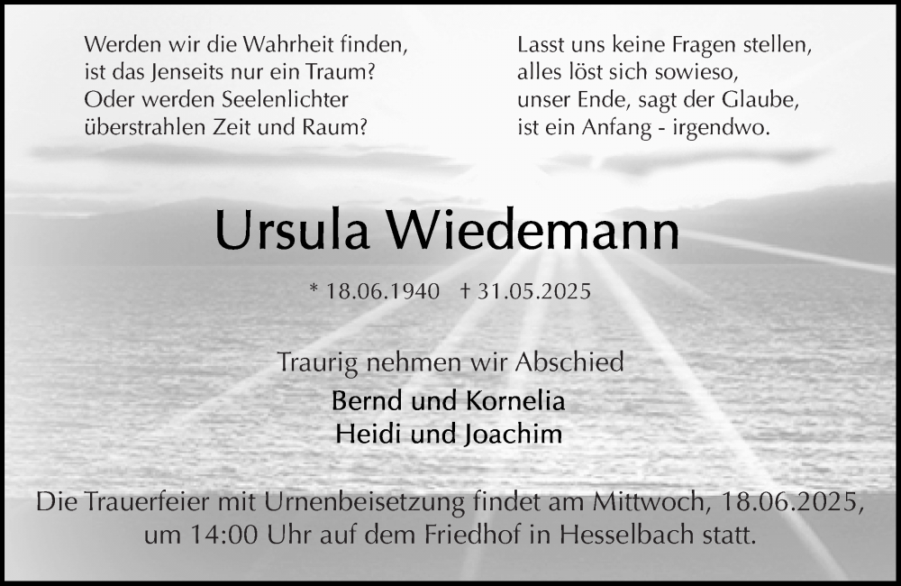  Traueranzeige für Ursula Wiedemann vom 07.06.2025 aus Odenwälder Echo