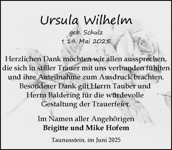 Traueranzeige von Ursula Wilhelm von Idsteiner Land/Untertaunus