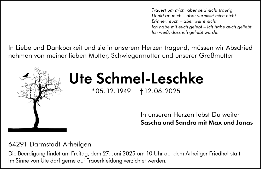  Traueranzeige für Ute Schmel-Leschke vom 21.06.2025 aus Darmstädter Echo
