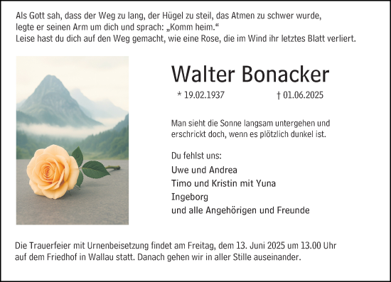 Traueranzeige von Walter Bonacker von Hinterländer Anzeiger