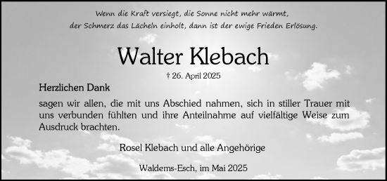 Traueranzeige von Walter Klebach von Camberger Anzeiger