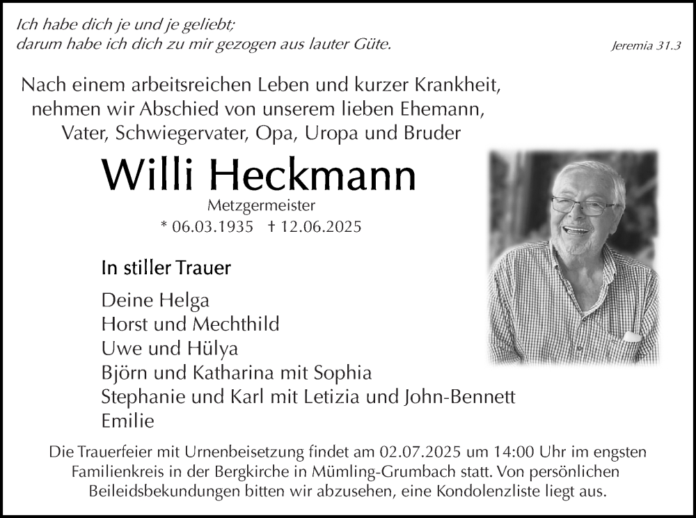  Traueranzeige für Willi Heckmann vom 21.06.2025 aus Odenwälder Echo