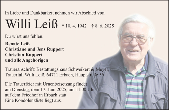 Traueranzeige von Willi Leiß von Odenwälder Echo