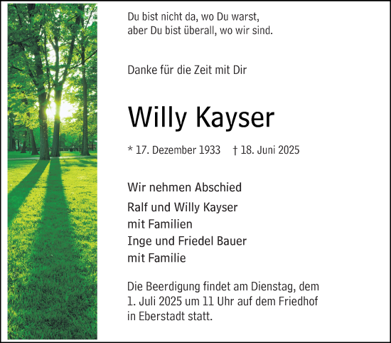 Traueranzeige von Willy Kayser von Darmstädter Echo