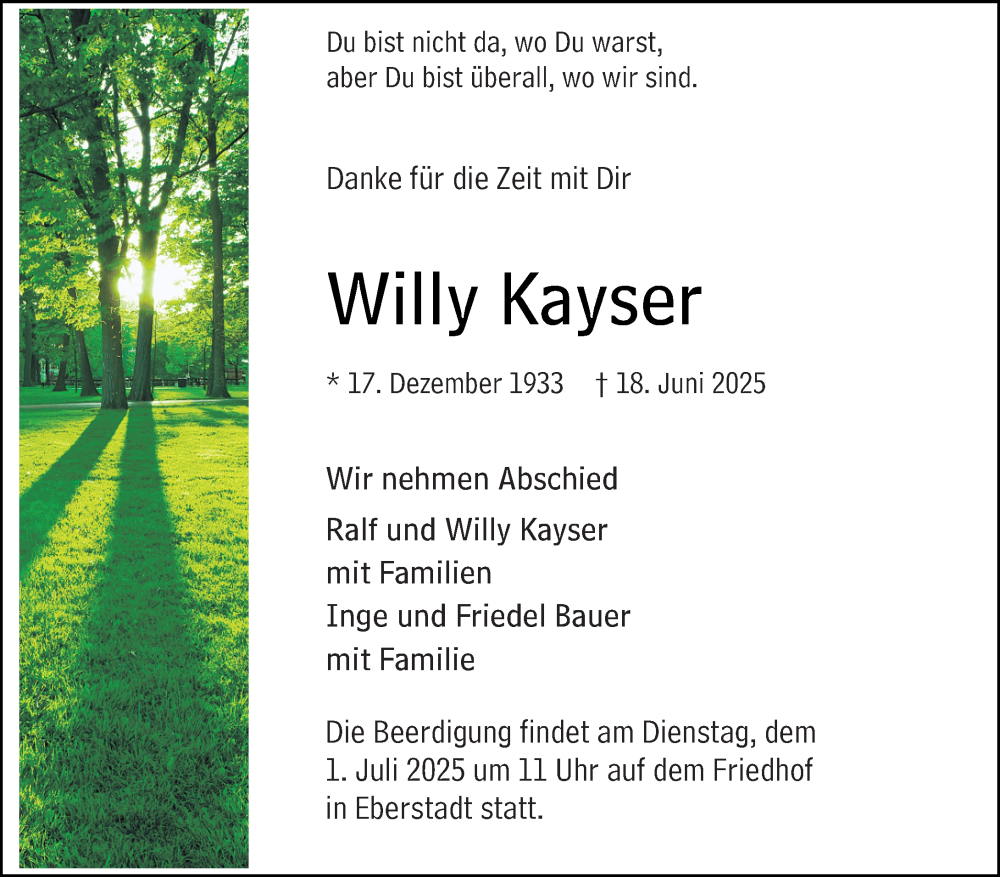  Traueranzeige für Willy Kayser vom 28.06.2025 aus Darmstädter Echo