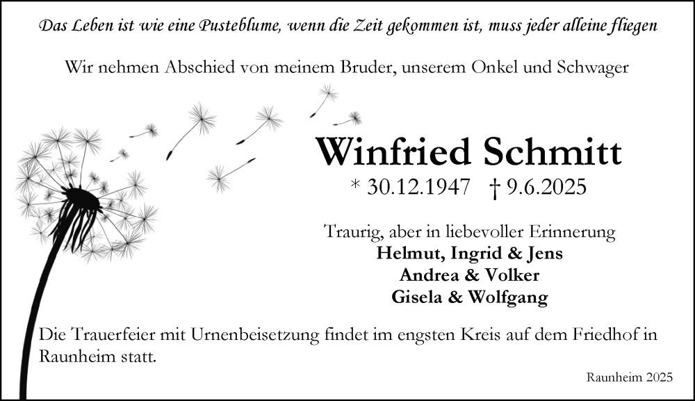  Traueranzeige für Winfried Schmitt vom 14.06.2025 aus Rüsselsheimer Echo