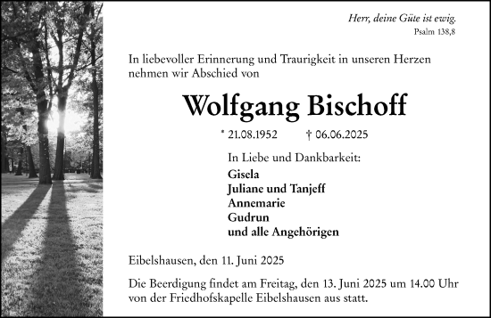 Traueranzeige von Wolfgang Bischoff von Dill Block
