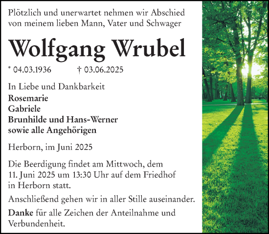 Traueranzeige von Wolfgang Wrubel von Dill Block