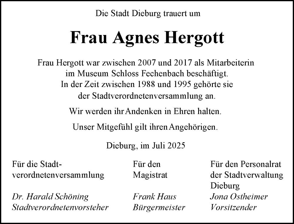  Traueranzeige für Agnes Hergott vom 12.07.2025 aus Dieburger Anzeiger/Groß-Zimmerner Lokal-Anzeiger