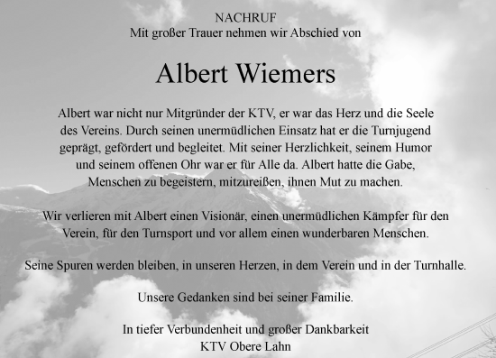 Traueranzeige von Albert Wiemers von Hinterländer Anzeiger