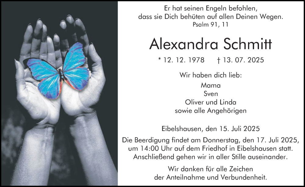  Traueranzeige für Alexandra Schmitt vom 15.07.2025 aus Dill Block