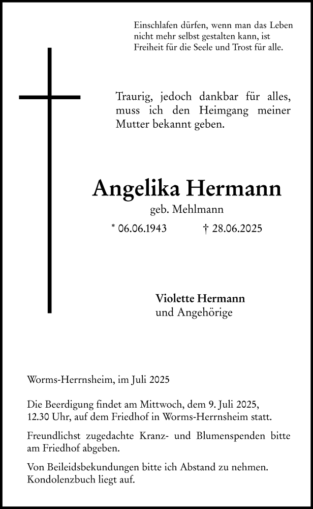  Traueranzeige für Angelika Hermann vom 05.07.2025 aus Wormser Zeitung