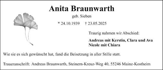 Traueranzeige von Anita Braunwarth von Allgemeine Zeitung Mainz