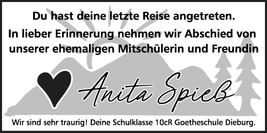 Traueranzeige von Anita Spieß von Dieburger Anzeiger/Groß-Zimmerner Lokal-Anzeiger
