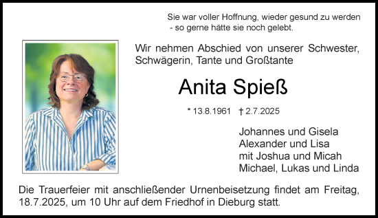Traueranzeige von Anita Spieß von Dieburger Anzeiger/Groß-Zimmerner Lokal-Anzeiger