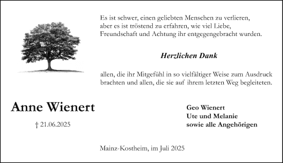 Traueranzeige von Anne Wienert von Allgemeine Zeitung Mainz